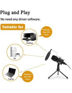 Micrófono USB Hredxin para PC con Trípode y Filtro Antipop 2