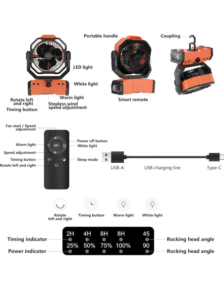Ventilador de Camping Easywave Naranja con Linterna LED 30000mAh