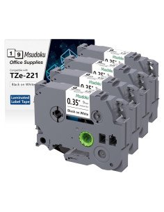 Paquete de 4 Cintas Laminadas Msudoku TZe-221 9mm Negro sobre Blanco