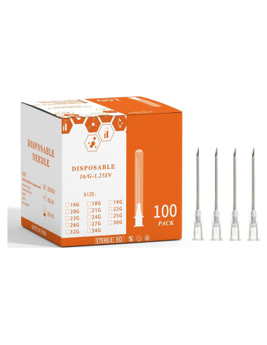 Aguja desechable Luer Lock 100Pack 16G 3.18cm Acero Inoxidable