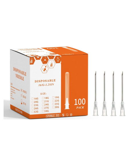 Aguja desechable Luer Lock 100Pack 16G 3.18cm Acero Inoxidable