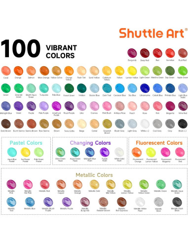 Set de Pintura Acrílica Shuttle Art 100 Colores 60ml con Pinceles