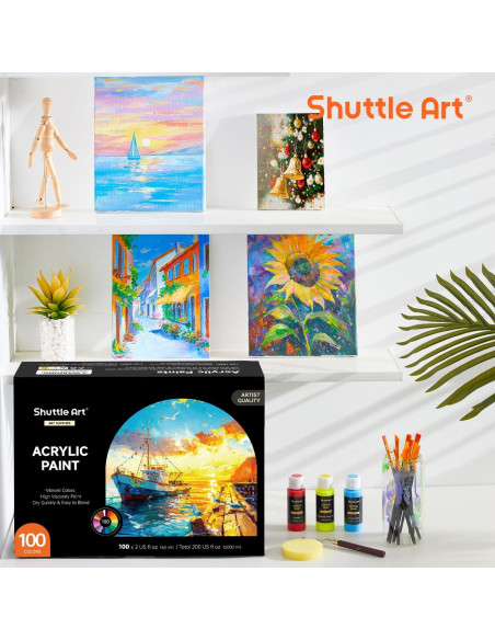 Set de Pintura Acrílica Shuttle Art 100 Colores 60ml con Pinceles