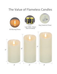 Set de 3 Velas LED Sin Llama TECHLONG 3D Marfil 5-7" 2