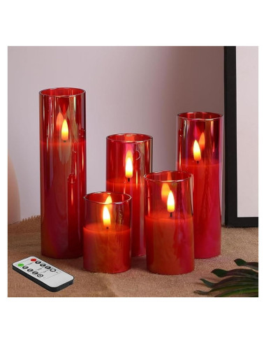 Juego de 5 Velas LED de Vidrio Rojo Eywamage con Control Remoto