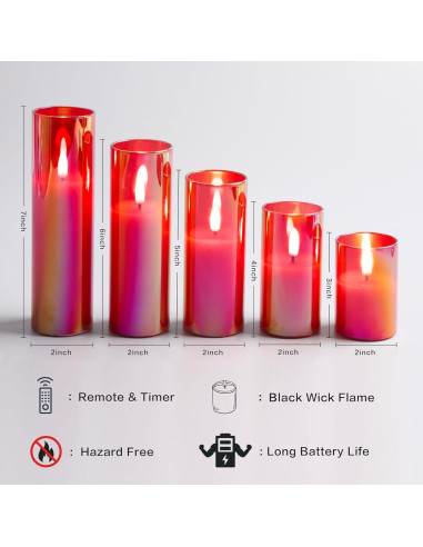 Juego de 5 Velas LED de Vidrio Rojo Eywamage con Control Remoto