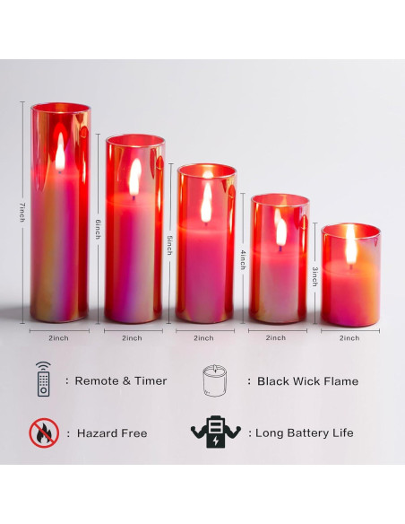 Juego de 5 Velas LED de Vidrio Rojo Eywamage con Control Remoto