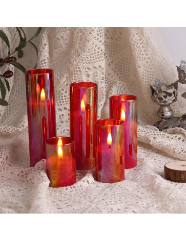 Juego de 5 Velas LED de Vidrio Rojo Eywamage con Control Remoto