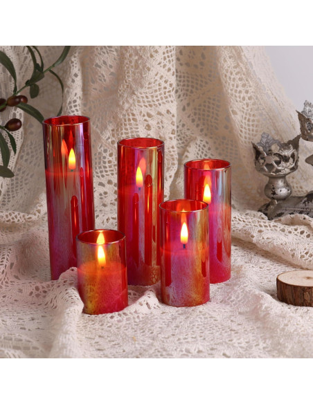 Juego de 5 Velas LED de Vidrio Rojo Eywamage con Control Remoto