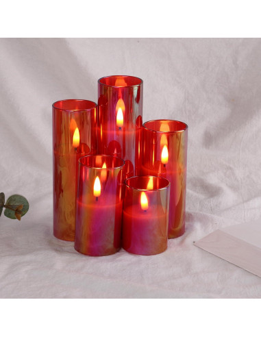 Juego de 5 Velas LED de Vidrio Rojo Eywamage con Control Remoto