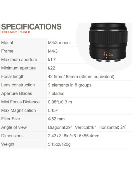 Lente Fijo YONGNUO YN42.5mm F1.7M II para Micro Cuatro Tercios Lente Fijo YONGNUO YN42.5mm F1.7M II para Micro Cuatro Tercios