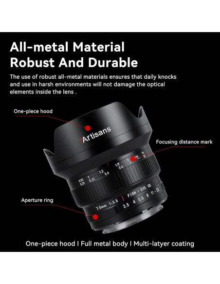 Lente Fisheye 7artisans 7.5mm F3.5 para DSLR Nikon F