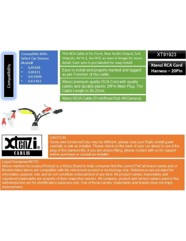Arnés de Cable RCA Xtenzi XT91923 Compatible Alpine ILXF409 ILXF411