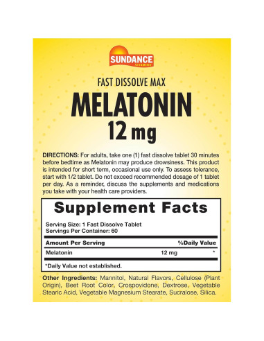 Melatonina 12mg Sundance | 60 Tabletas Disolventes Sabor Baya