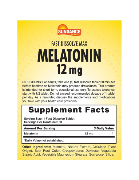 Melatonina 12mg Sundance | 60 Tabletas Disolventes Sabor Baya