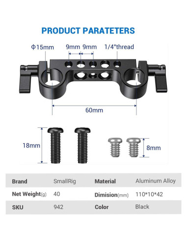 Abrazadera de Varilla 15mm SmallRig 942 con Rosca 1/4"-20