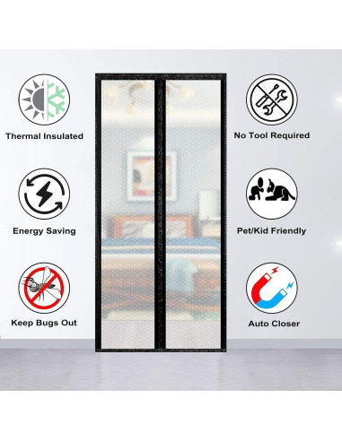 Cortina de Puerta Aislante Magnética SANJIANKER 36x82 Negro