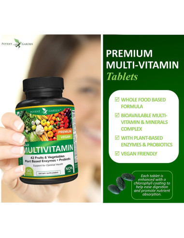 Multivitamina Vegana Potent Garden 90 Tabletas 42 Frutas y Verduras