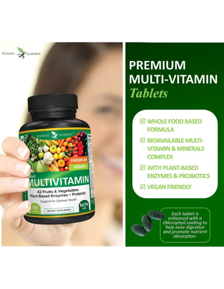 Multivitamina Vegana Potent Garden 90 Tabletas 42 Frutas y Verduras