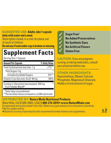 Suplemento de Arándano Nature Made 500mg con Vitamina C - 60 Cápsulas