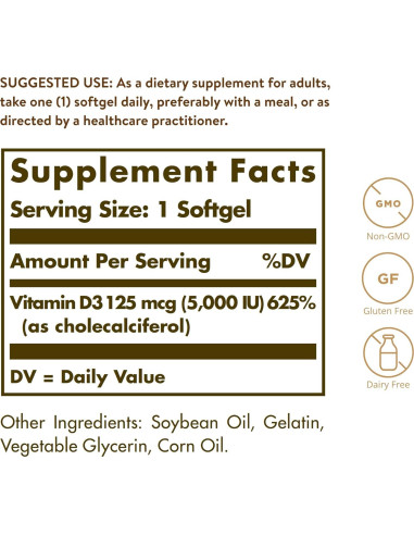Solgar Vitamina D3 125 mcg (5000 UI) 100 Gelatinas Blandas - Huesos y Sistema Inmunológico Saludables