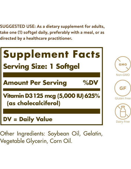 Solgar Vitamina D3 125 mcg (5000 UI) 100 Gelatinas Blandas - Huesos y Sistema Inmunológico Saludables