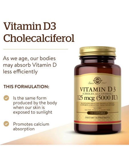 Solgar Vitamina D3 125 mcg (5000 UI) 100 Gelatinas Blandas - Huesos y Sistema Inmunológico Saludables