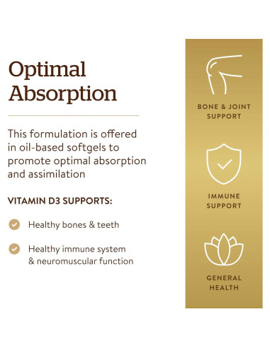Solgar Vitamina D3 125 mcg (5000 UI) 100 Gelatinas Blandas - Huesos y Sistema Inmunológico Saludables