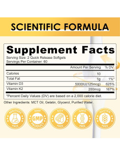 Suplemento Vitamina D3 K2 GPGP 5000 UI 200 mcg 120 Cápsulas 2
