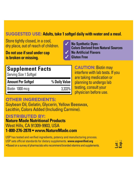 Suplemento de Biotina Nature Made 1000 mcg 120 Softgels