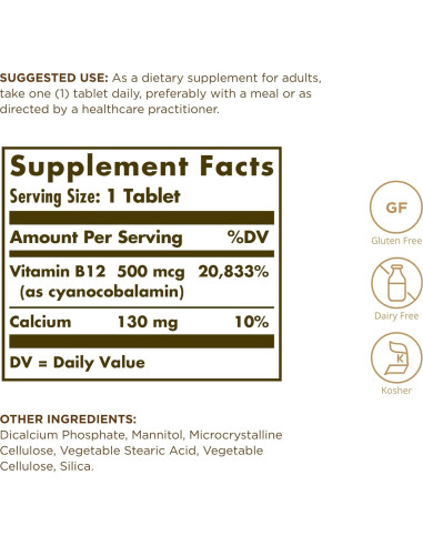 Vitamina B12 500 mcg Solgar - 100 Tabletas Veganas Sin Gluten