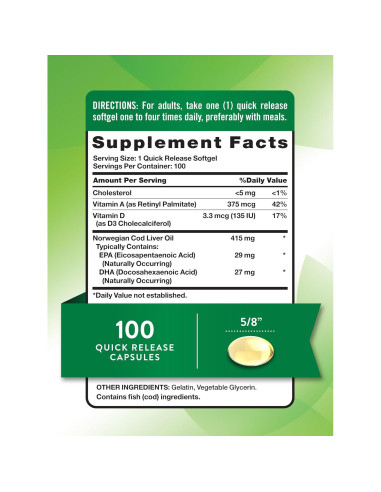 Aceite de Hígado de Bacalao Nature's Truth 415 mg 100 Gelatinas