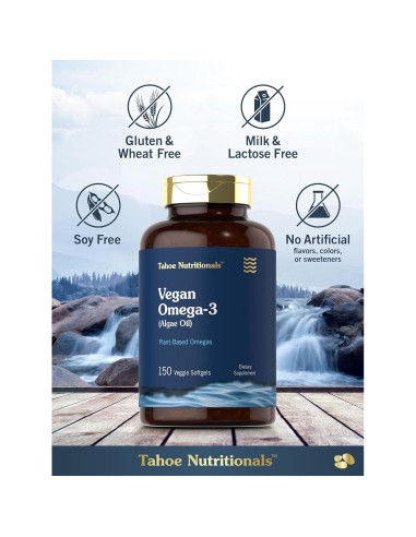 Suplemento Vegano Omega 3 Tahoe Nutritionals | 150 Gelatinas Blandas | 200 mg DHA de Aceite de Algas