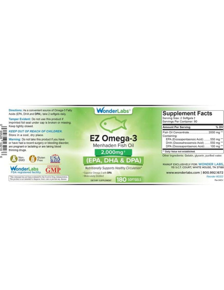 EZ Omega-3 Suplemento de Aceite de Pescado Menhaden 2000 mg 180 Cápsulas