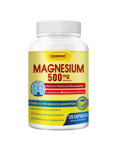 Suplemento de Magnesio 10 en 1 ZEBORA 500mg con Vitamina D3 y Zinc - 120 Cápsulas