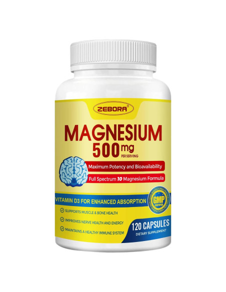 Suplemento de Magnesio 10 en 1 ZEBORA 500mg con Vitamina D3 y Zinc - 120 Cápsulas Suplemento de Magnesio 10 en 1 ZEBORA 500mg con Vitamina D3 y Zinc - 120 Cápsulas