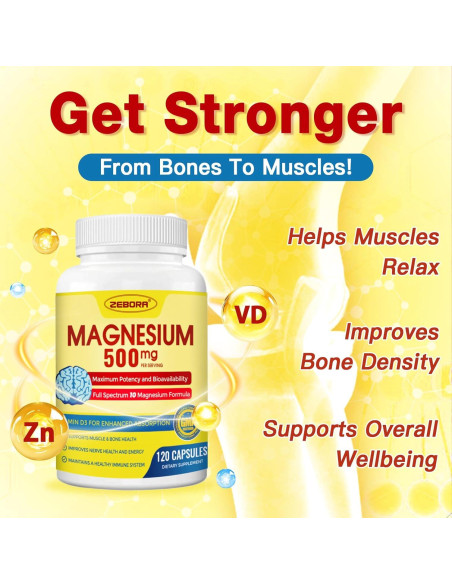 Suplemento de Magnesio 10 en 1 ZEBORA 500mg con Vitamina D3 y Zinc - 120 Cápsulas Suplemento de Magnesio 10 en 1 ZEBORA 500mg con Vitamina D3 y Zinc - 120 Cápsulas