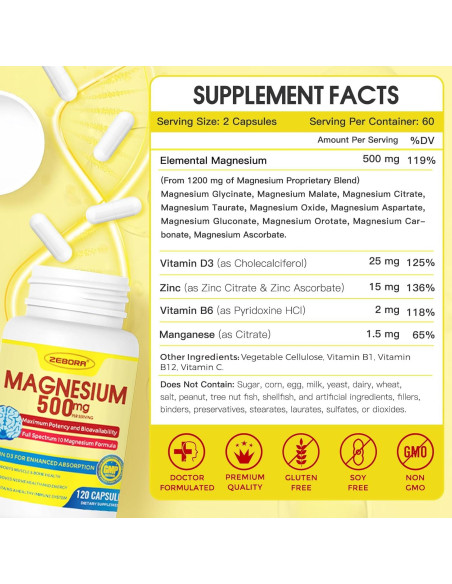 Suplemento de Magnesio 10 en 1 ZEBORA 500mg con Vitamina D3 y Zinc - 120 Cápsulas Suplemento de Magnesio 10 en 1 ZEBORA 500mg con Vitamina D3 y Zinc - 120 Cápsulas