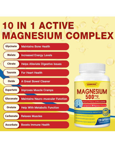 Suplemento de Magnesio 10 en 1 ZEBORA 500mg con Vitamina D3 y Zinc - 120 Cápsulas