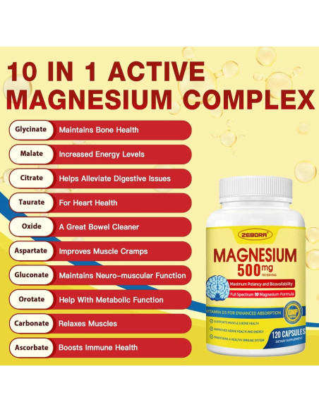 Suplemento de Magnesio 10 en 1 ZEBORA 500mg con Vitamina D3 y Zinc - 120 Cápsulas Suplemento de Magnesio 10 en 1 ZEBORA 500mg con Vitamina D3 y Zinc - 120 Cápsulas