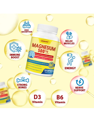 Suplemento de Magnesio 10 en 1 ZEBORA 500mg con Vitamina D3 y Zinc - 120 Cápsulas