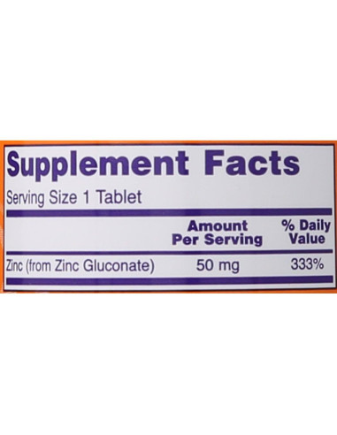 NOW Gluconato de Zinc 50 mg 250 Tabletas Veganas