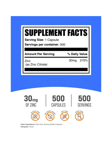 Cápsulas de Citrato de Zinc BulkSupplements 30mg 500 Unidades