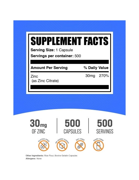 Cápsulas de Citrato de Zinc BulkSupplements 30mg 500 Unidades