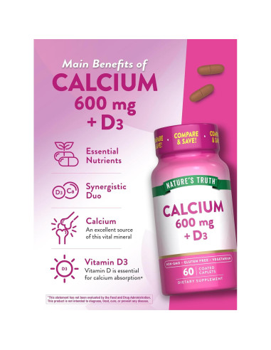 Calcio 600 mg con Vitamina D3 Verdad de la Naturaleza 60 Tabletas