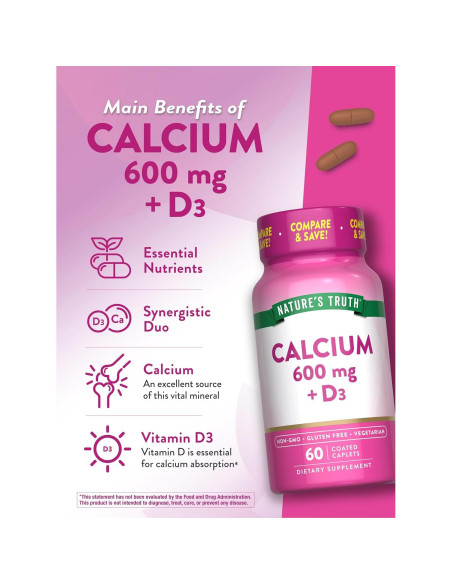 Calcio 600 mg con Vitamina D3 Verdad de la Naturaleza 60 Tabletas