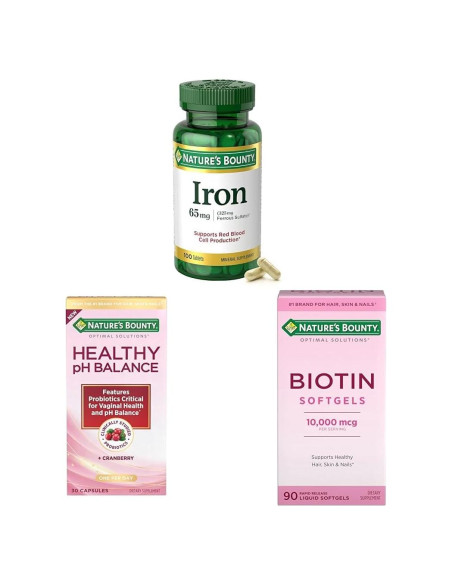Paquete Suplementos Nature's Bounty: Hierro 65mg, Probioticos y Biotina 10000mcg