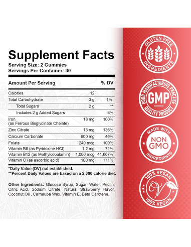 Gomitas de Hierro ReviNutra 60 Unidades - Veganas con Calcio, Zinc y Vitaminas