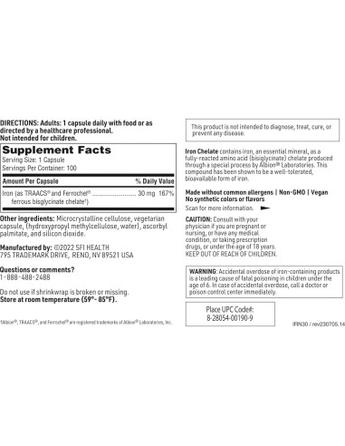 Suplemento de Hierro Bisglicinato Klaire Labs 30mg - 100 Cápsulas