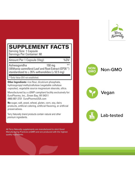 Suplemento Herbal Terry Naturally Ashwagandha EP35 60 Cápsulas